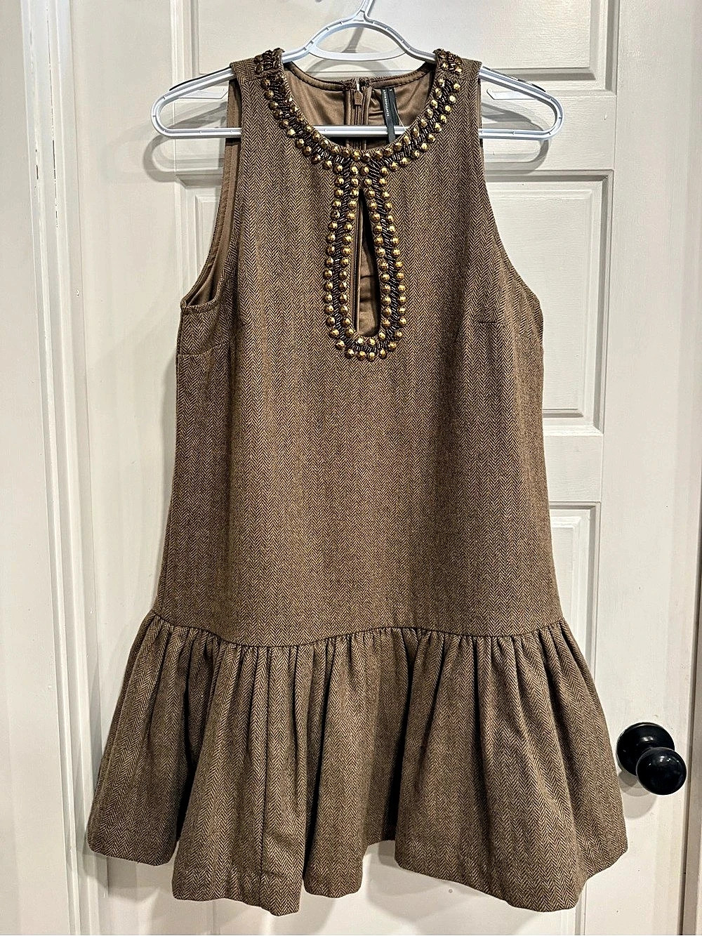 Anthropologie Beaded Keyhole Shift Dress Beaded Mini Dress Brown Size Small NWT - Picture 1 of 7